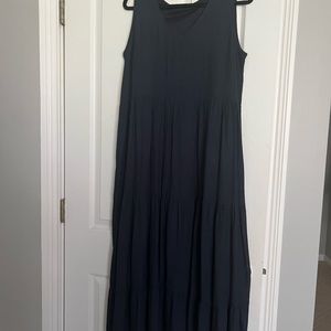 Women ‘s maxi length navy blue cotton tiered dress with liner and pockets